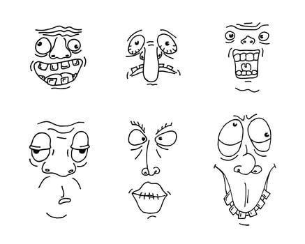 Ugly man face drawing sketch set. Hand drawn outline doodle cartoon freak character grimace collection. Different crazy person portrait avatars. Vector eps illustration