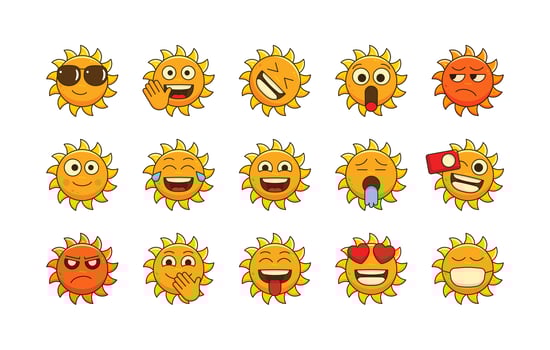 Cute Sun emoji vector set, Sun emoticons facial expression for social post and reaction, Sunshine cartoon illustration in different feeling