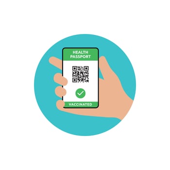 hand holding smartphone with vaccinated health passport vector illustration