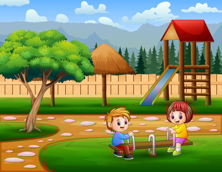 Happy cute boy and girl play seesaw vector