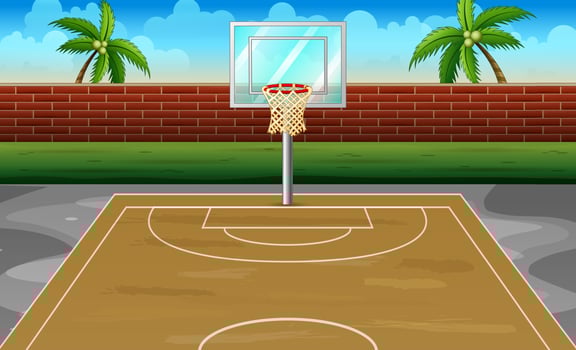 Outdoor basketball court with brick fence vector