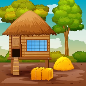 Scene with chicken coop in the farm landscape vector