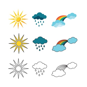 Weather icons set isolated on white background. Vector illustration of sun, rain and rainbow in simple flat style. Color and outline icons