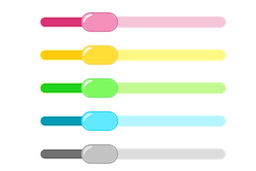 Scroll bar with button. Set of sliders of different colors to control the volume. vector