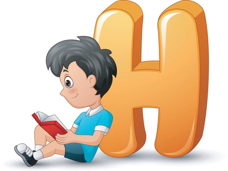 Illustration of school boy leaning against a letter H vector