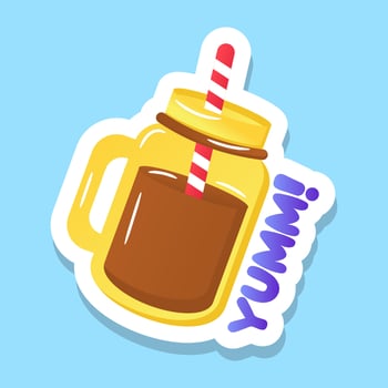 A yum coffee in disposable glass, flat sticker vector