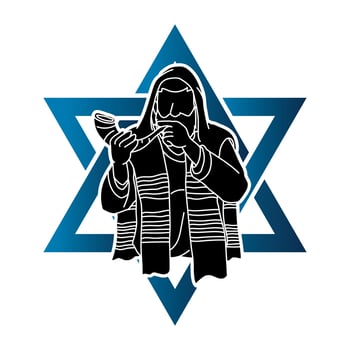 Jewish Blowing The Shofar Horn on David Star Background vector