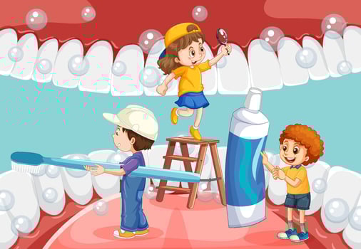 Happy kids brushing whiten teeth with a toothbrush inside human mouth vector