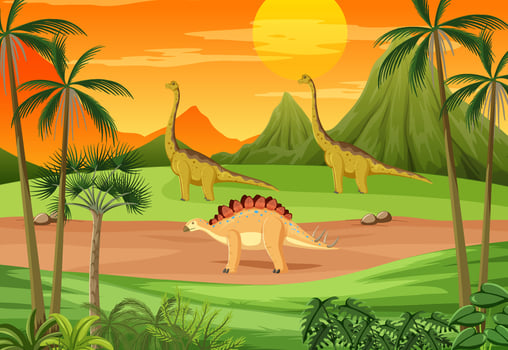 Prehistoric forest background with dinosaur cartoon vector