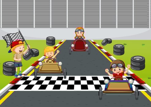 Soapbox derby scene with children racing car vector