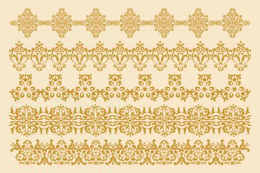 A set of five decorative borders. Damascus frames in old style. Vector design element. Computer graphics.