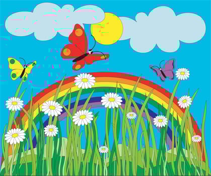 Peaceful sky, colorful butterflies and a rainbow. Summer and spring landscape vector