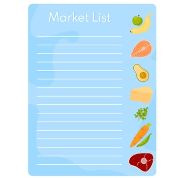 Shopping list. Checklist food planning for market. Concept buying in supermarket. vector