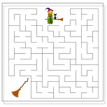 game for kids go through the maze, help the witch to get to the broom. witch flying on a broomstick vector