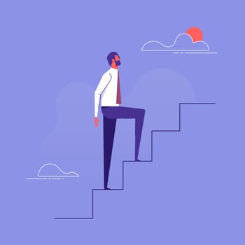 In progress concept. Businessman walking up stairs to their goal. Move up motivation, the path to the target's achievement vector
