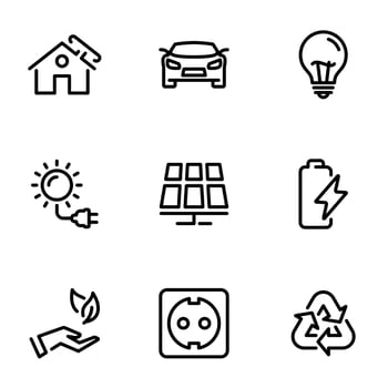 Set of black vector icons, isolated on white background, on theme Solar energy