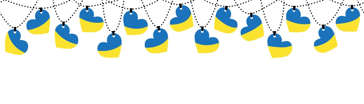 Horizontal seamless banner flag of Ukraine. Yellow blue hearts are hung on chain. Vector illustration isolated.