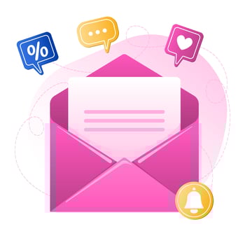 Subscription to email news subscription, newsletter, blog update messages submit. Envelope with sale, message, like icons. Vector illustration.
