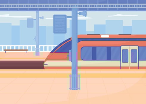 Railroad station platform flat color vector illustration