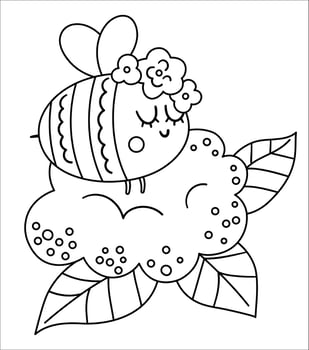 Vector bohemian bumblebee with flowers on head. Woodland black and white insect isolated on white background. Boho forest floral composition with animal. Forest coloring page.