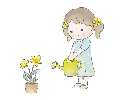 Watercolor Cute Girl Watering Potted Plants Isolated On A White Background. Vector Illustration.