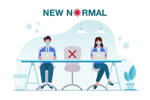 New normal concept illustration with office people keep distance from each other and working with face mask prevention from disease outbreak vector