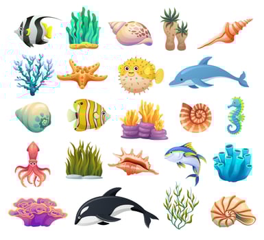 Set of fish, sea animals, seashells, and coral reef cartoon illustration vector