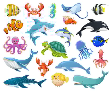 Set of fish and sea animals in cartoon style vector