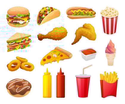Set of fast food and beverage in cartoon style vector