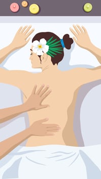 Masseur makes a woman a back massage. Masseur's hands makes massage to young girl at her back. Alignment of the ridge of the back by means of therapeutic massage. Chiropractor spine. Massage at spa vector