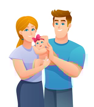 Happy young parents with their cute little baby cartoon character vector