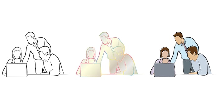 Businessman and Businesswoman Discussing design set. vector