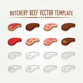 set of raw meat beef flat and line art logo vector
