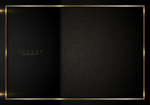 Abstract elegant 3D black stripes and golden frame on squares pattern background with lighting effect vector