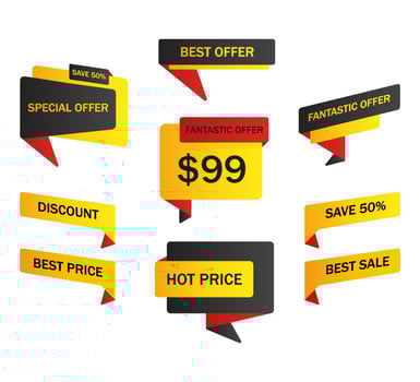 Vector stickers, price tag, banner, label. Coupon sale, offers and promotions vector   template. Shop price tag, retail, commerce, business