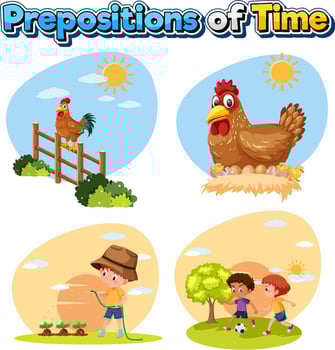 Prepostion wordcard design with different time of day vector