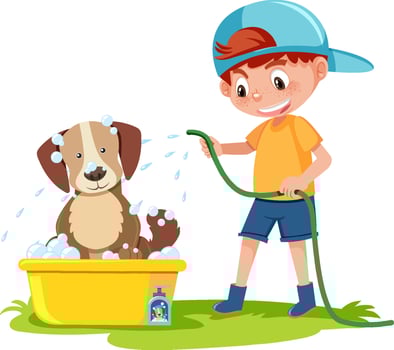 Little boy giving dog a bath vector