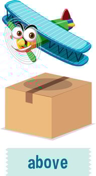 Prepostion wordcard design with airplane above box vector