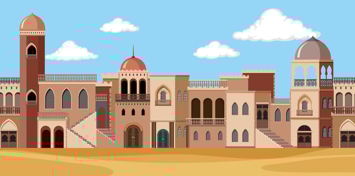 Scene with brown buildings in desert vector