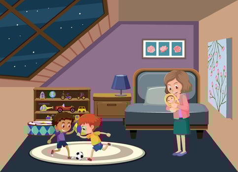 Garret room scene with family members vector