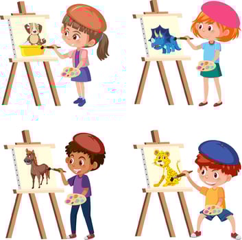 A set of boy and girl drawing on canvas vector