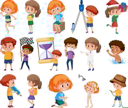 Set of children doing different activities on white background vector
