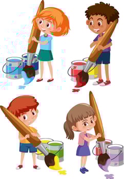 Many children holding colour brushes cartoon character vector