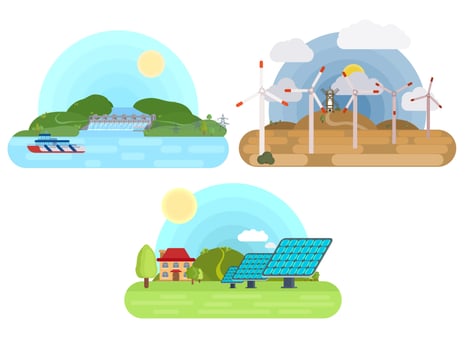 types of clean electricity from the sun and wind vector