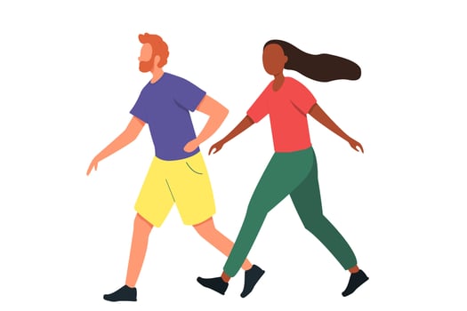Beautiful couple running together. Man and woman walking. Flat vector illustration on a white isolated background.