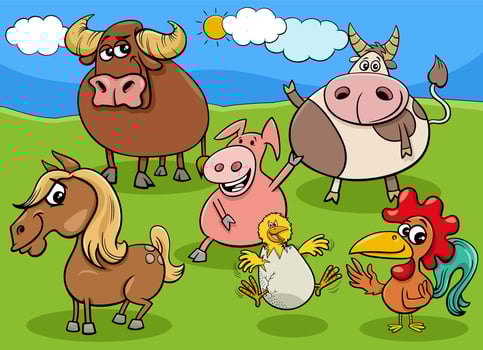 cartoon farm animals characters group vector