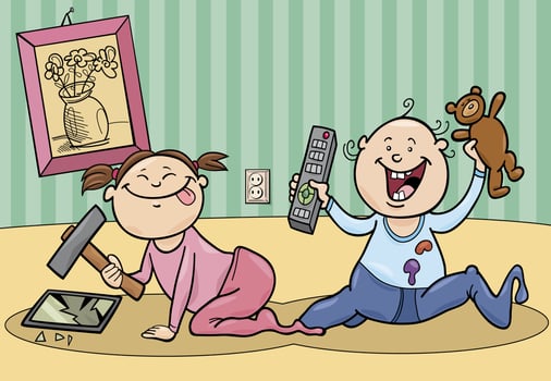 cartoon baby girl and boy playing and making a mess vector