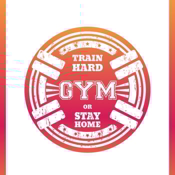 Round gym emblem, logo, badge with two barbells isolated on white, vector illustration