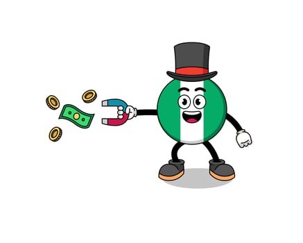 Character Illustration of nigeria flag catching money with a magnet vector