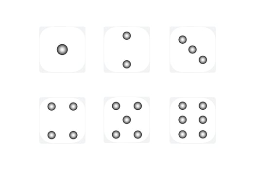 Six white dice with black dots on white background vector